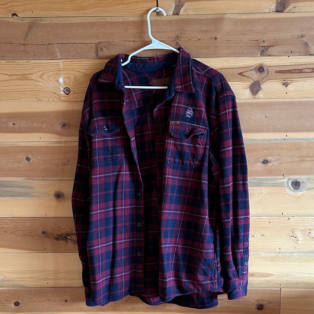 Orvis Men's Burgundy and Navy Plaid Shirt